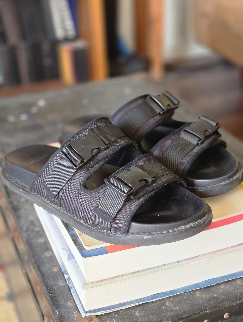 Greats Black Double Strap Buckle Slide Sandals